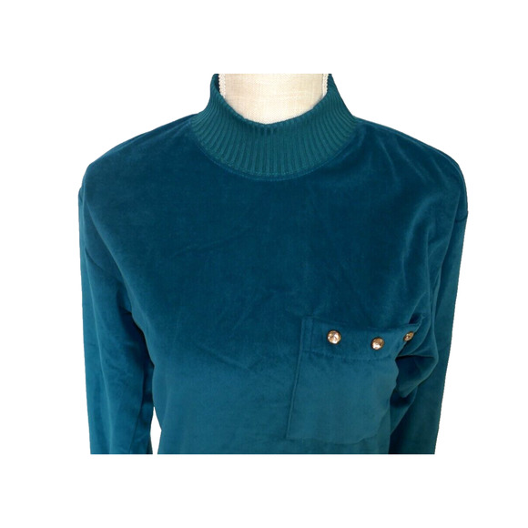 Teal Velveteen Pullover Longsleeve Mock Turtle Neck Small Vintage Haband for Her - Picture 5 of 16